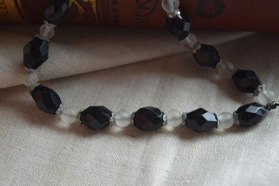 Antique Cut Glass Flapper Necklace, Facetted Blac… - image 1