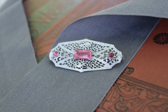 Antique Deco Pink Jeweled Brooch, Art Deco Filigr… - image 1