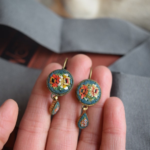 Vintage Micro Mosaic Earrings, Classic Italian Mosaic Dangle Earrings, Pierced Leverback Micromosaic Earrings, Jewelry gift for her