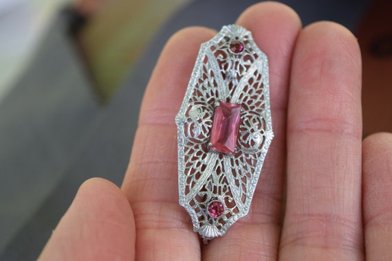 Antique Deco Pink Jeweled Brooch, Art Deco Filigr… - image 3