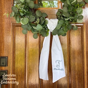 Embroidered Wreath Sash, Monogram Wreath Sash, Outdoor Decor,