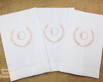 Embroidered Linen Hand Towel, Monogrammed Linen Guest Hand Towel, Laurel Wreath Towel
