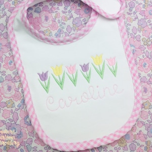 Easter Bib, Spring Bib, Tulip Bib, Gingham Bib, Embroidered Bib, Vintage Bib, Baby Girl Bib, Easter Baby Accessories, Classic Bib, Vint