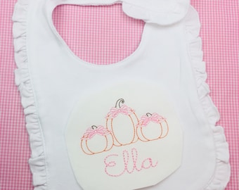 Pumpkin Ruffle Bib, Embroidered Name Bib, Halloween Bib, Monogram Bib Burp Cloth, Baby Girl Bib, Heirloom Bib, Ruffle Burp Cloth