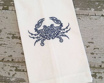 Crab Hand Towel, Waffle Weave Hand Towel, Embroidered Hand Towel