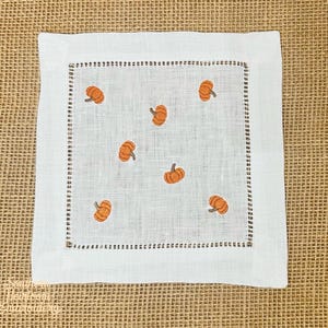 Pumpkin Cocktail Napkin, Monogram Embroidered Cocktail Napkin, Fall Halloween Thanksgiving Cocktail Napkin, Linen Napkin