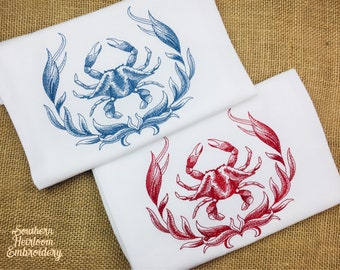 Crab Towel, Embroidered Towel, Hand Towel, Summer Hand Towel, Blue Crab, Red Crab, Kitchen Towel, Kitchen Decor, Flour Sack Towel
