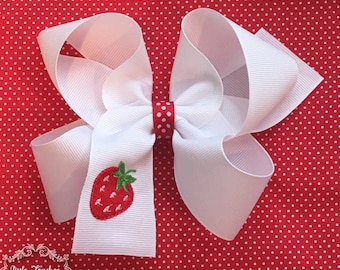 Embroidered Hair Bow, Strawberry Hair Bow, Summer Hair Bow