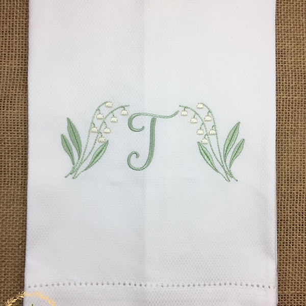 Spring Hand Towel, Monogrammed Hand Towel, Embroidered Tea Towel, Lily of the Valley, Lillies, Embroidered Towel