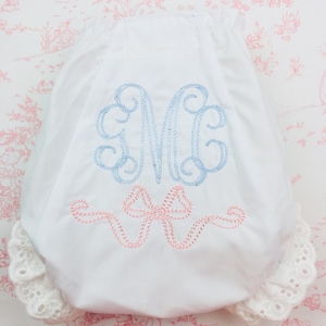 Bow Embroidered Diaper Cover, Monogram Bloomers, Heirloom Bloomers, Monogrammed Diaper Cover, Eyelet Panties