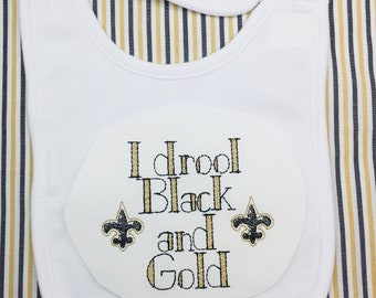 SAINTS Bib, I Drool Bib, Black and Gold Bib, Football Bib, Baby Bib, Embroidered Bib, Saints Burp Cloth