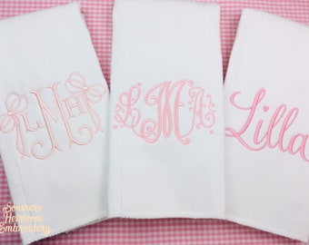 Baby Girl Monogrammed Burp Cloths, Embroidered Burp Cloth Gift Set, Baby Gift