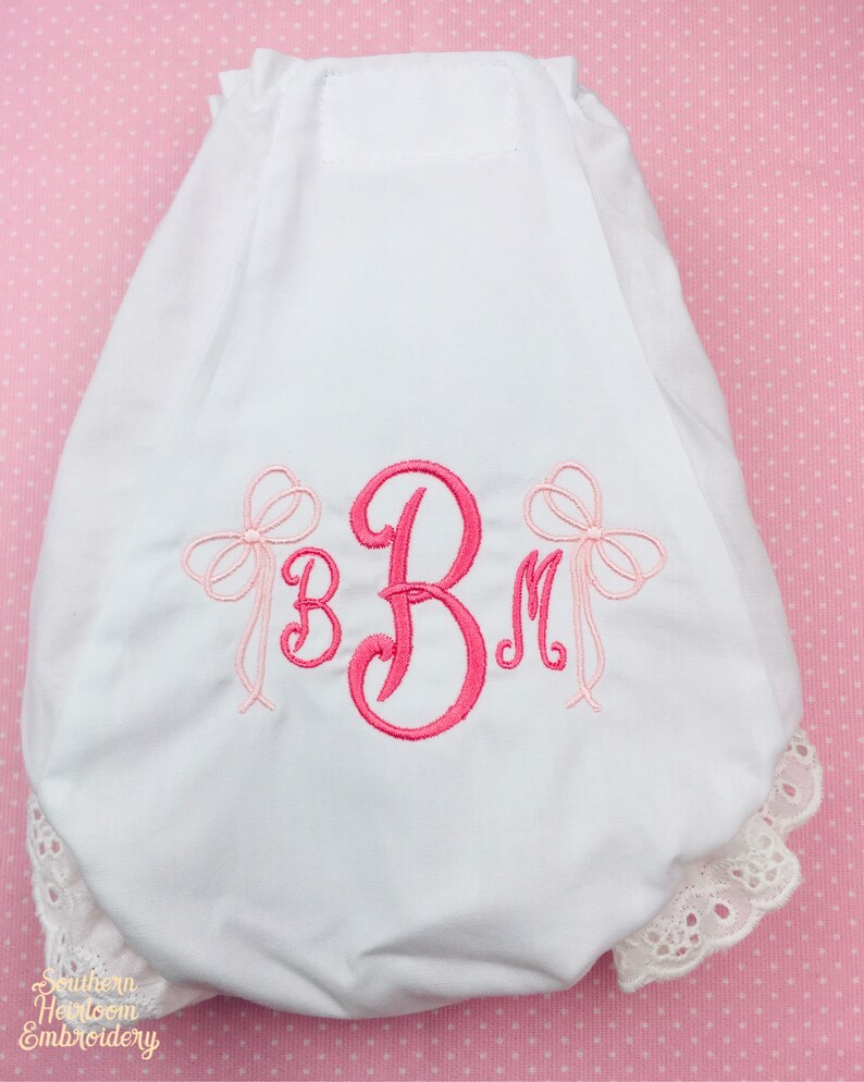 Monogrammed Bloomers, Bow Embroidered Diaper Cover, Eyelet Panties image 1