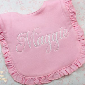 Name Bib, Name Burp Cloth, Pink Embroidered Bib, Embroidered Burp Cloth, Pink Bib, Ruffle Bib, Monogram