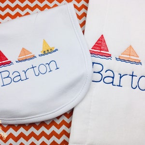 Monogram Bib Burp Cloth, Sailboat Bib Burp Cloth, Baby Boy Bib Burp Cloth, Summer Bib Burp Cloth, Baby Boy Gifts