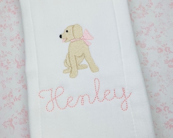 Monogram Name Bib Burp Cloth, Monogrammed Bib Burp Cloth, Puppy Bib Burp Cloth, Baby Gift Set, Baby Boys Bib Burp Cloths, Embroidered Bib