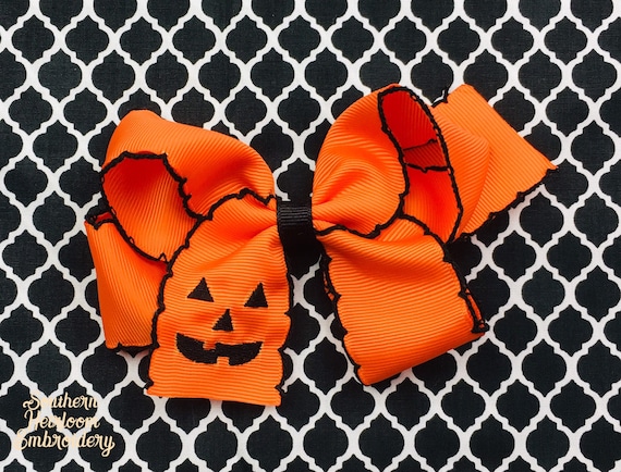 Pumpkin Hair Bow, Halloween Hair Bow, Jack-o-Lantern Bow, Embroidered Hair Bow, Halloween Accessories