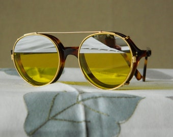 Vintage 1920s Panto Round Eyeglasses with Mirrored Clip-on Sunglasses
