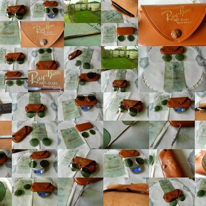 May include: A collage of images featuring vintage Ray-Ban sunglasses, cases, and cleaning cloths. The sunglasses have green lenses and a gold metal frame. The cases are brown leather and have the Ray-Ban logo. The cleaning cloths are white with the Ray-Ban logo.