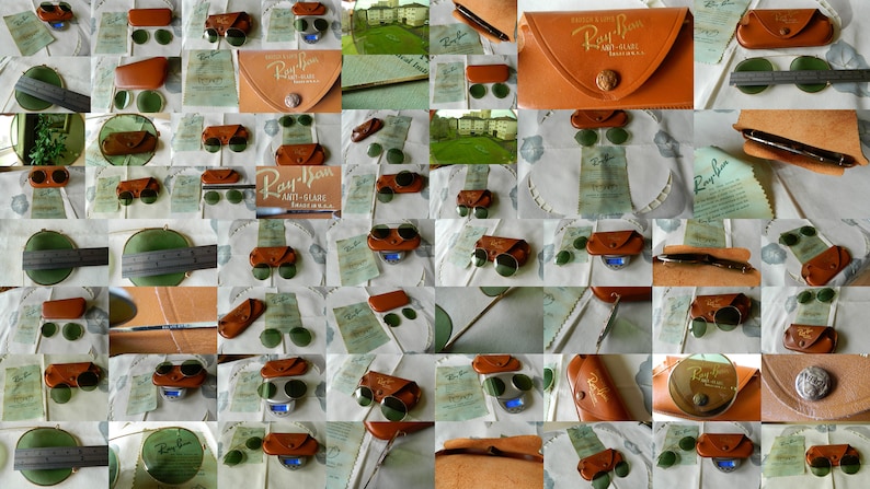 May include: A collage of images featuring vintage Ray-Ban sunglasses, cases, and cleaning cloths. The sunglasses have green lenses and a gold metal frame. The cases are brown leather and have the Ray-Ban logo. The cleaning cloths are white with the Ray-Ban logo.