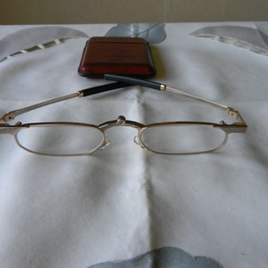 True Vintage Rare Folding Gold Plated Half Moon Eye Glasses Spectacles.With Original Case.Made in Japan.60's. EXC.