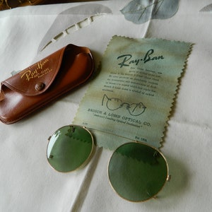 True Vintage Rare B&L Ray Ban Clip On Sunglasses 1/10-12 K G F Gold Filled True Green Anti Glare Lenses Original Case Made in USA. 1930&#39;s.