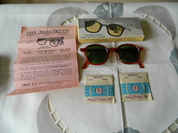 True Vintage Rare 1930s 40s Clear Vista Night Driving Sunglasses Boxed.  Made in England. NOS. Exc 
