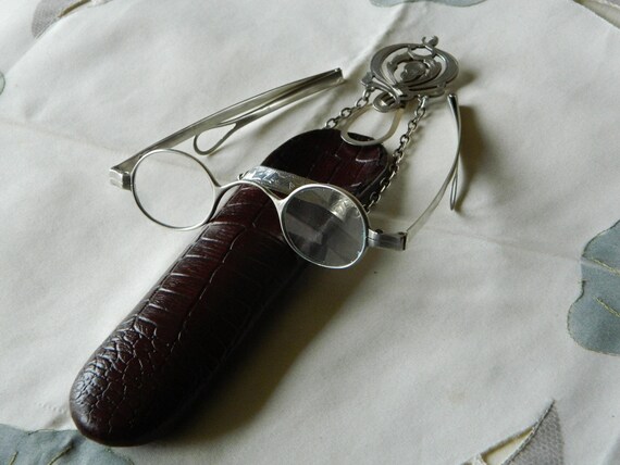 Antique Solid Silver Leather Chatelaine Glasses C… - image 1