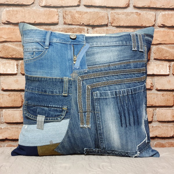 Denim Pillow Cover 17x17in, OOAK Jeans Cushion Cover Recycled Denim, Eco Friendly Pillow, Boho Home Decor