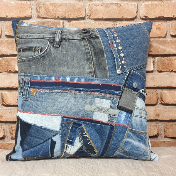 Jeans Pillow Cover Indoor Outdoor Decor, Upcycled Denim Cushion Cover 17x17