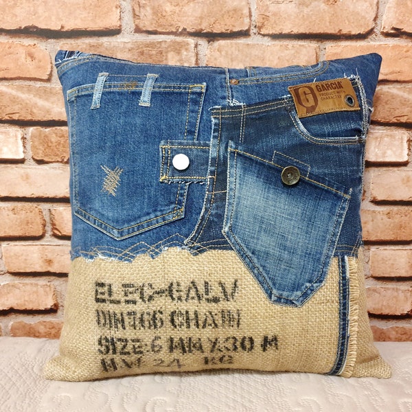 Unique Design Denim Burlap Pillow Cover 16x16in, Old Jeans Pillow Repurposed Denim, Eco Friendly Pillow, Boho Home Decor