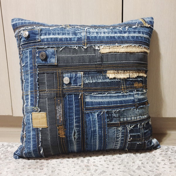 Ripped Denim Pillow Case 17 in with Vintage Stitching