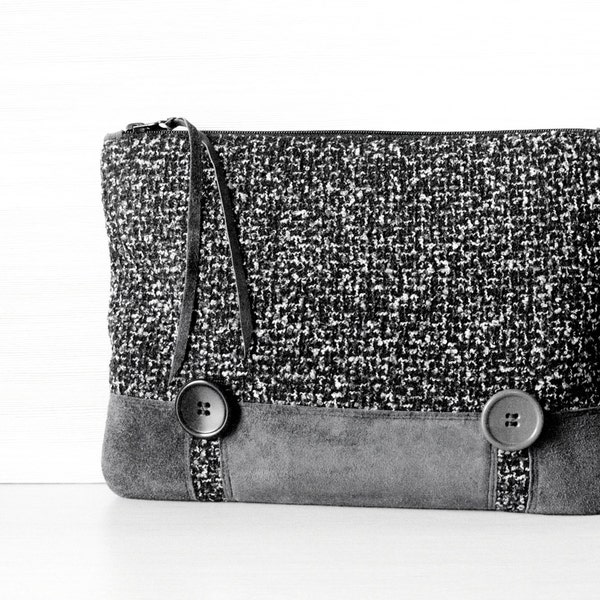 Large Clutch Purse Black Gray Bouclé