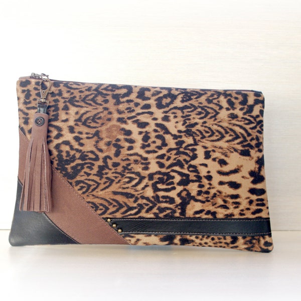 Leopard Print Clutch Purse Denim and Leather, Asymmetrical Boho Bag with Tassel