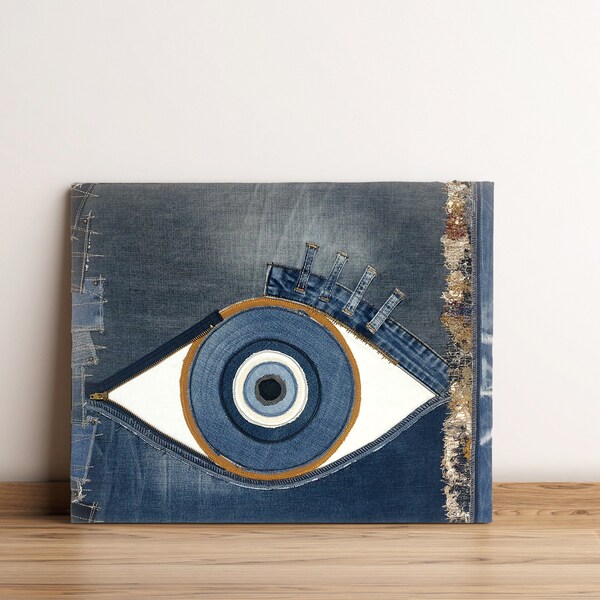 The Evil Eye Denim Wall Art Abstract Expression, Nazar Denim Collage, Amulet Wall Decor Unique Gift for Home