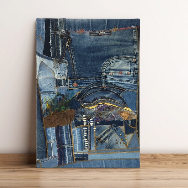 Upcycled Denim Art Collage Wall Decor, Boho Wall Hanging Textile Artwork