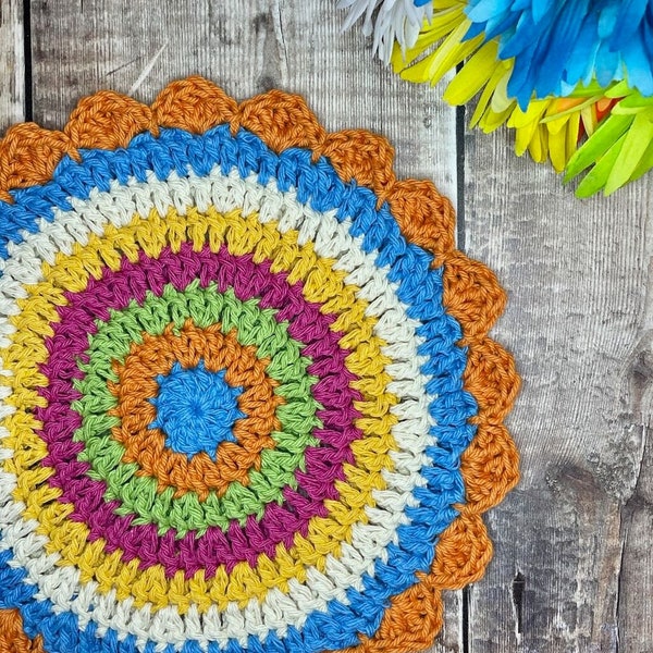 The Happy Scrappy Crochet Potholder Pattern; PDF Download only; Kitchen Hot Pad; Handmade Round Crochet Potholder
