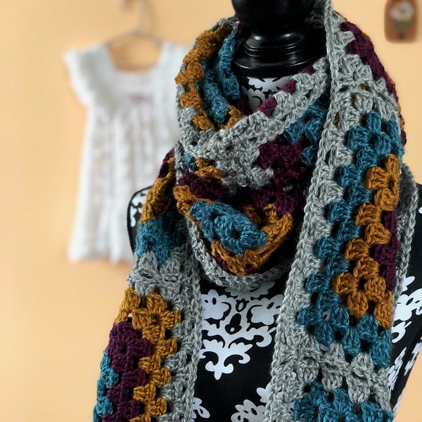 Granny Square Scarf Crochet Pattern; PDF Download only; Easy granny square winter scarf pattern