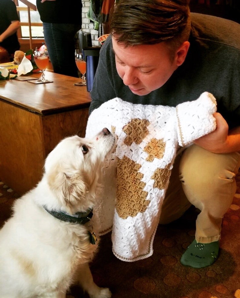 May include: A white and brown crocheted blanket with a paw print design. A person is holding the blanket and looking at a white dog with brown eyes.