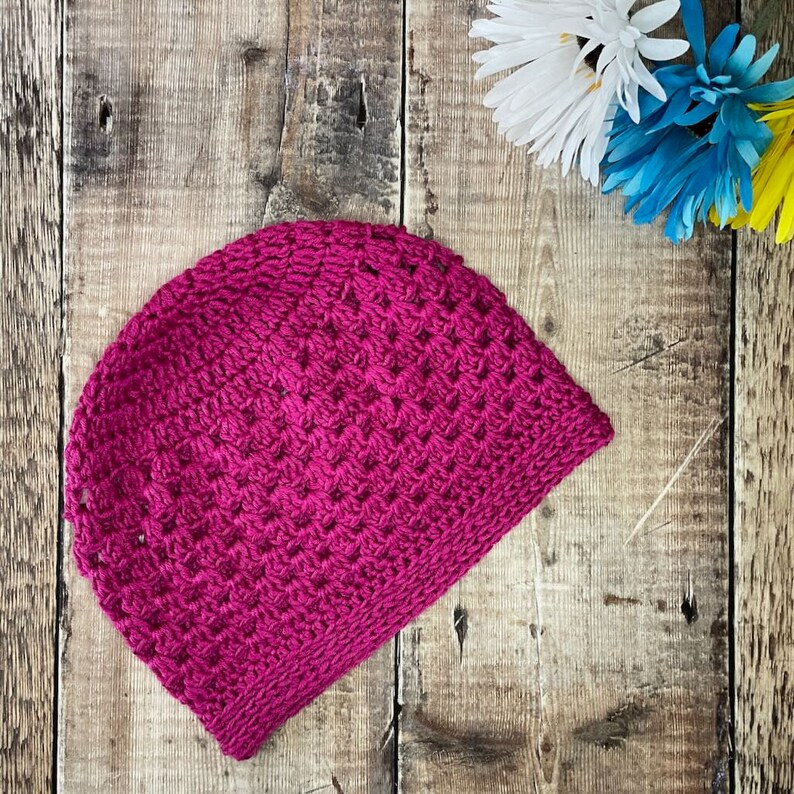 A photo of the Miriam crochet granny hat, perfect for use as a chemo hat for cancer patients. The DIY handmade crochet hat pattern is a fashionable choice for those going through chemotherapy.