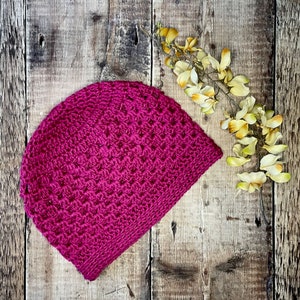 A photo of the Miriam crochet granny hat, perfect for use as a chemo hat for cancer patients. The DIY handmade crochet hat pattern is a fashionable choice for those going through chemotherapy.