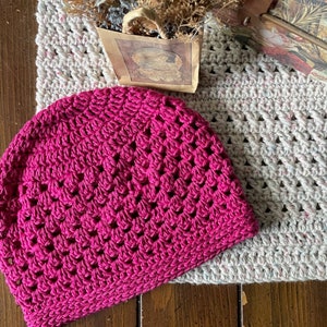 A photo of the Miriam crochet granny hat, perfect for use as a chemo hat for cancer patients. The DIY handmade crochet hat pattern is a fashionable choice for those going through chemotherapy.