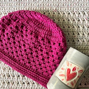 A photo of the Miriam crochet granny hat, perfect for use as a chemo hat for cancer patients. The DIY handmade crochet hat pattern is a fashionable choice for those going through chemotherapy.