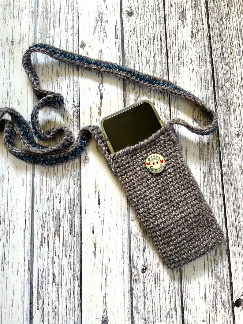 Classic Buttoned Smartphone Pouch crochet pattern listing photo by MadameStitchCrochet