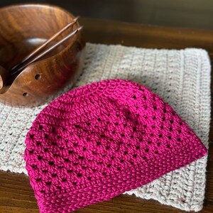 A photo of the Miriam crochet granny hat, perfect for use as a chemo hat for cancer patients. The DIY handmade crochet hat pattern is a fashionable choice for those going through chemotherapy.