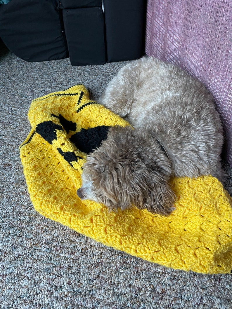 May include: A small, light brown dog is curled up on a yellow crocheted blanket with black accents. The blanket has a honeycomb pattern.