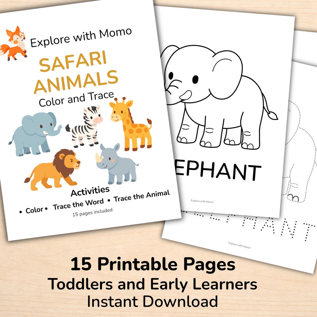 Safari Animals Coloring and Tracing Pages for Toddlers, Printable ...