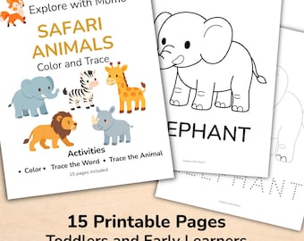 Safari Animals Coloring and Tracing Pages for Toddlers, Printable Preschool and Homeschool Activity