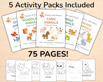 Animal Learning Bundle for Toddlers, 75 Printable Activities, Preschool Worksheets, Color & Trace Pack