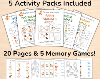 Toddler Animal Matching & Memory Games, Preschool Worksheets, 25 Printable Activities (Digital Download)